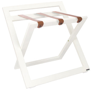 Roootz compact white wooden hotel luggage rack with brown leather straps and backstand