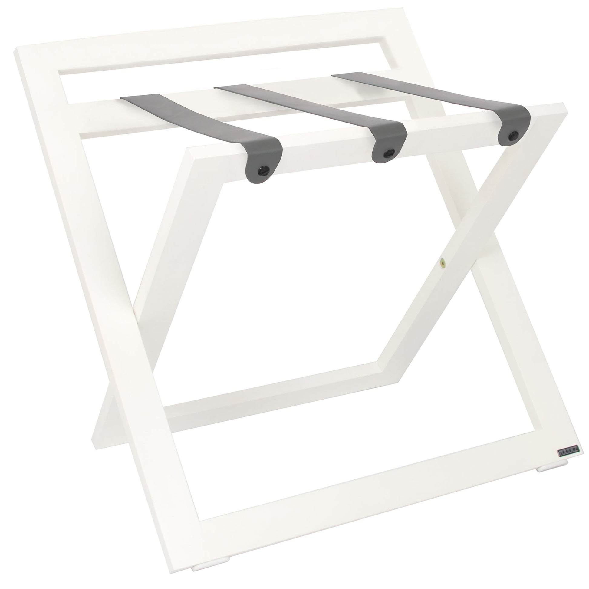 Roootz compact white wooden hotel luggage rack with grey leather straps and backstand
