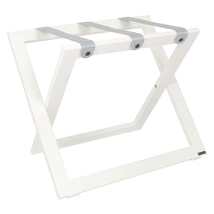 Roootz compact white wooden hotel luggage rack with grey nylon straps