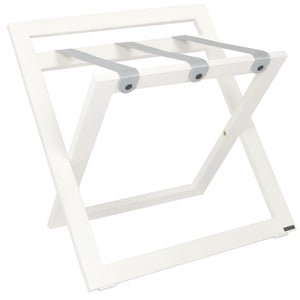 Roootz compact white wooden hotel luggage rack with grey nylon straps and backstand