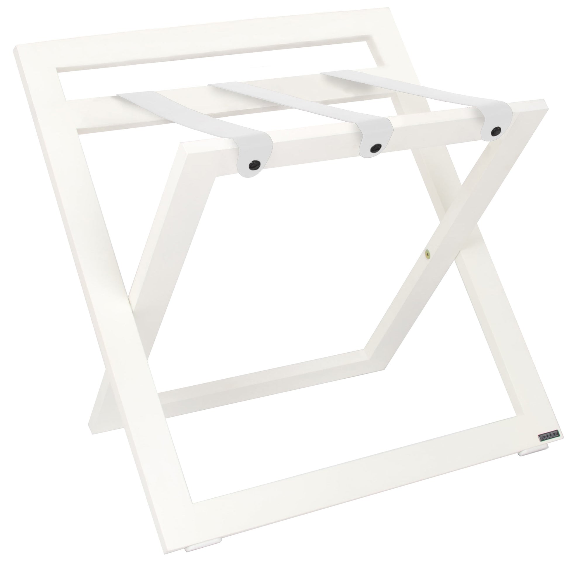 Roootz compact white wooden hotel luggage rack with white leather straps and backstand