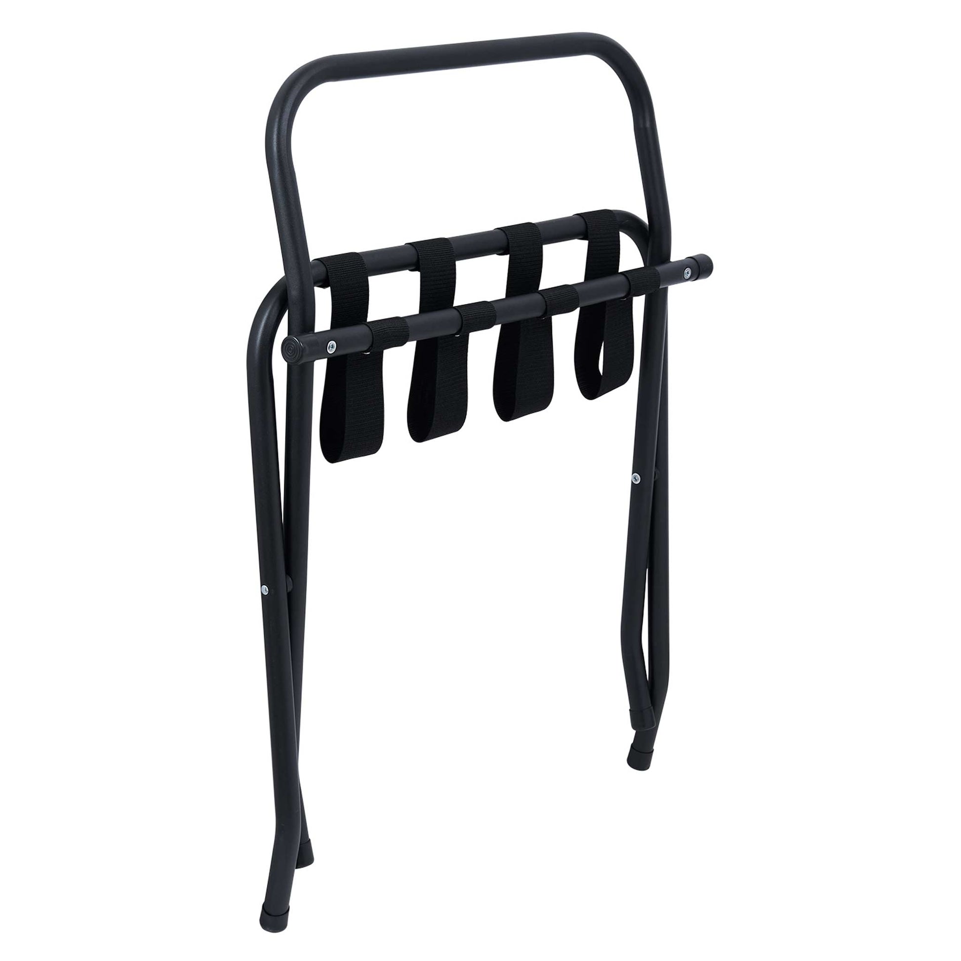 Corby Ashton matte black tubular metal luggage rack with backrest shown folded for compact hotel room storage