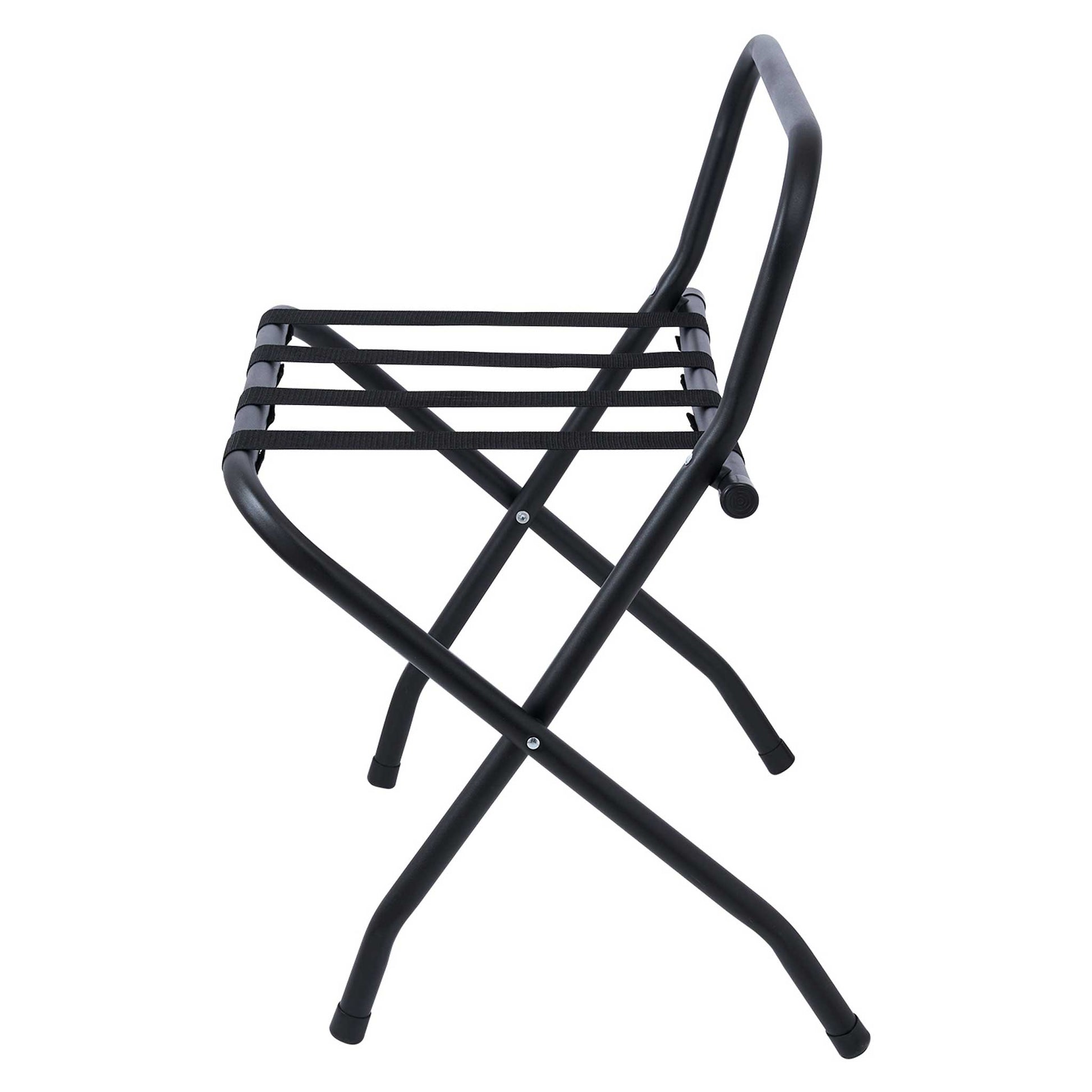 Side view of Corby Ashton matte black tubular luggage rack with backrest and durable black nylon support straps