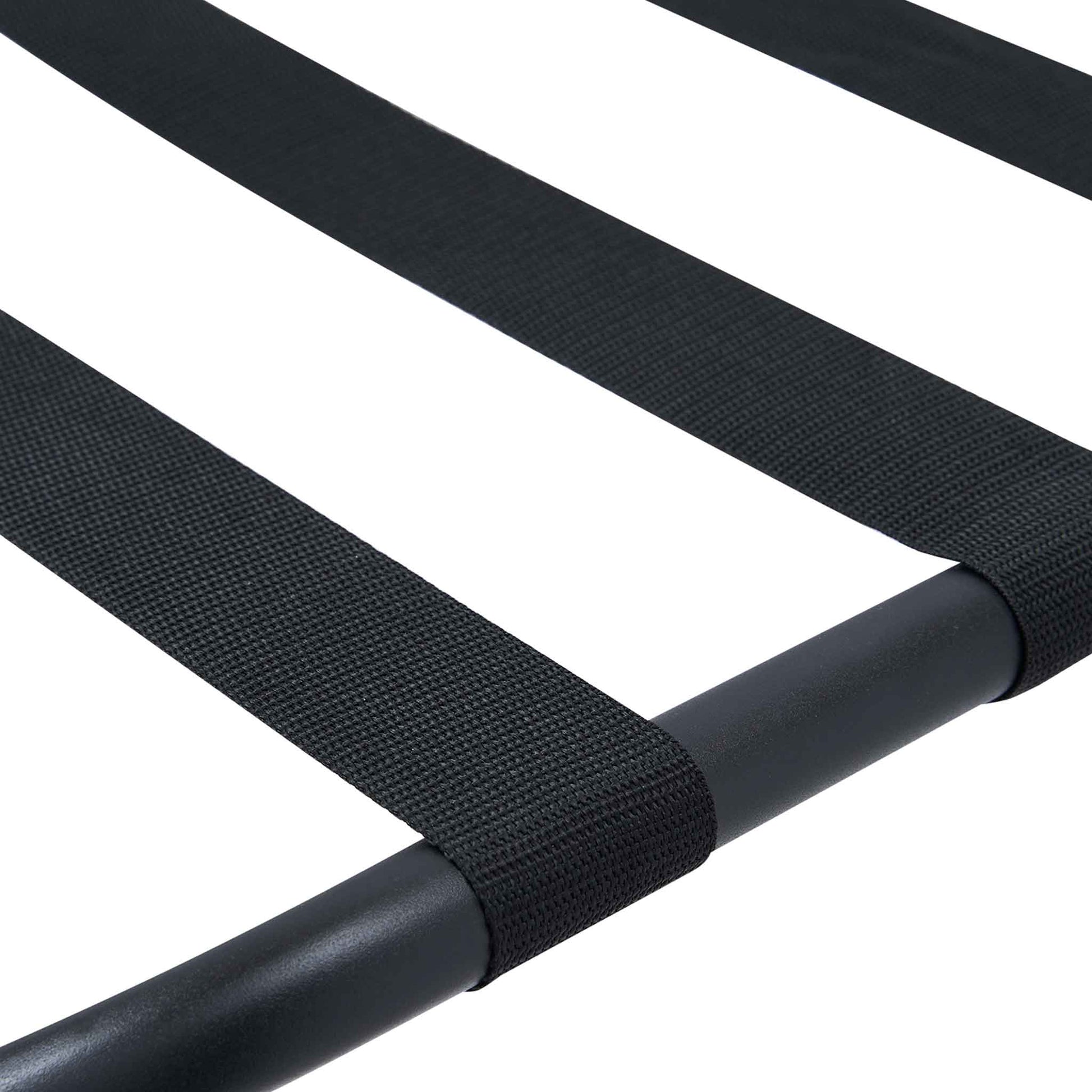 Close-up of black nylon support straps on Corby Ashton matte black tubular metal luggage rack with backrest