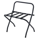Corby Ashton black metal folding luggage rack with backstand and nylon support straps for hotel guest rooms