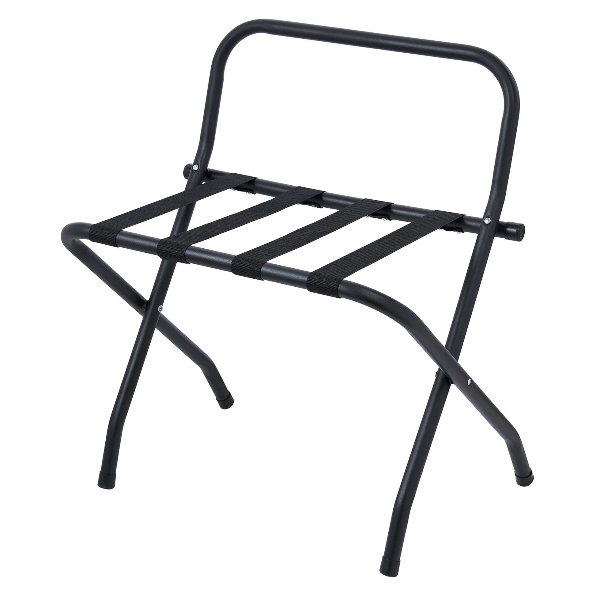 Corby Ashton black metal folding luggage rack with backstand and nylon support straps for hotel guest rooms