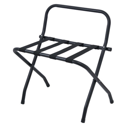 Corby Ashton black metal folding luggage rack with backstand and nylon support straps for hotel guest rooms
