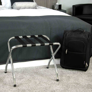 Corby Ashton chrome luggage rack in hotel bedroom