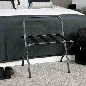 Corby Ashton matte black luggage rack with backstand in hotel room