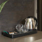 Corby Buckingham chrome hospitality kettle with mugs and beverage tray set up on hotel guest room refreshment station