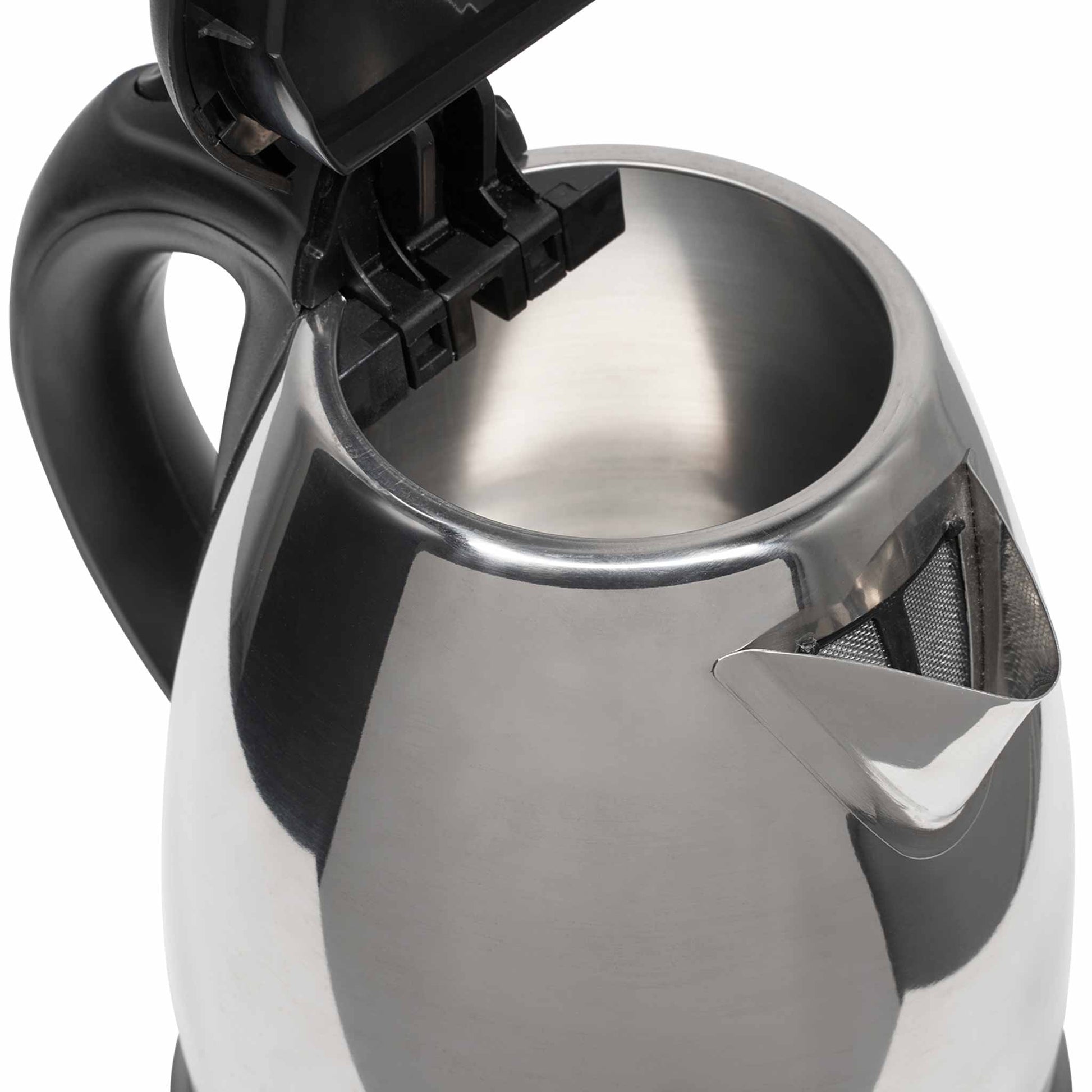 Close-up of Corby Buckingham 1 litre stainless steel hotel kettle with open lid and limescale filter at spout