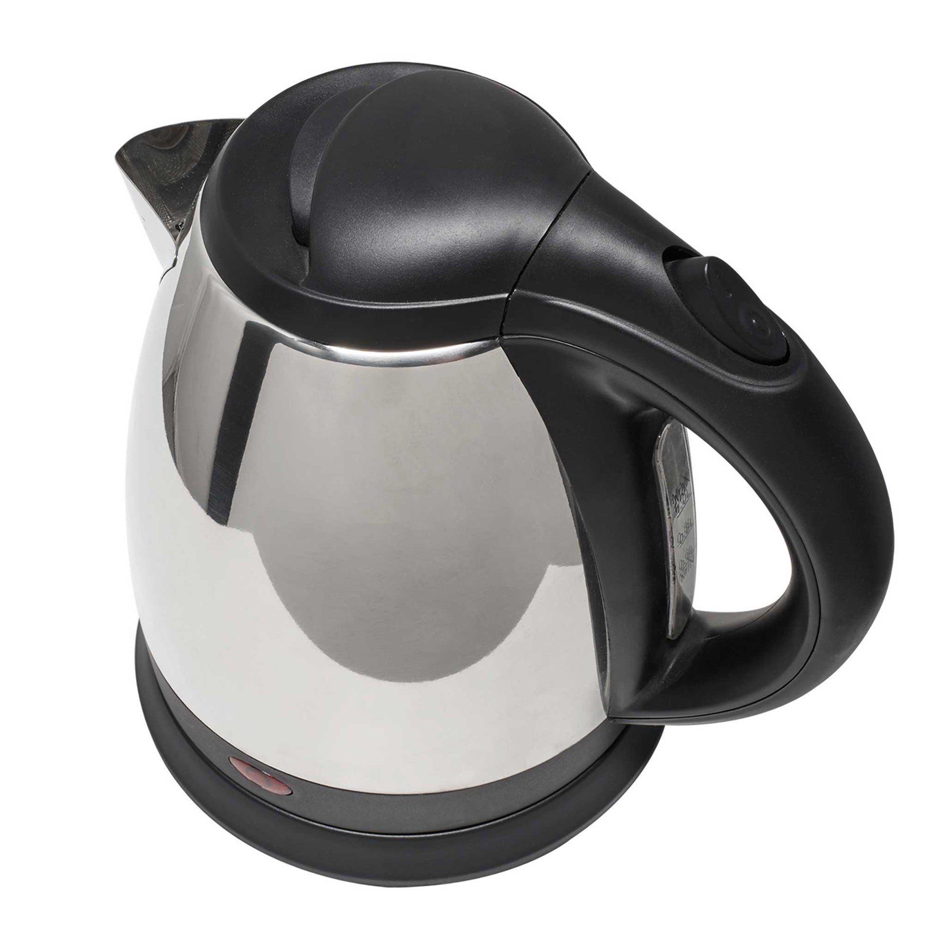 Angled view of Corby Buckingham 1 litre chrome hospitality kettle with black handle and cordless 360-degree base