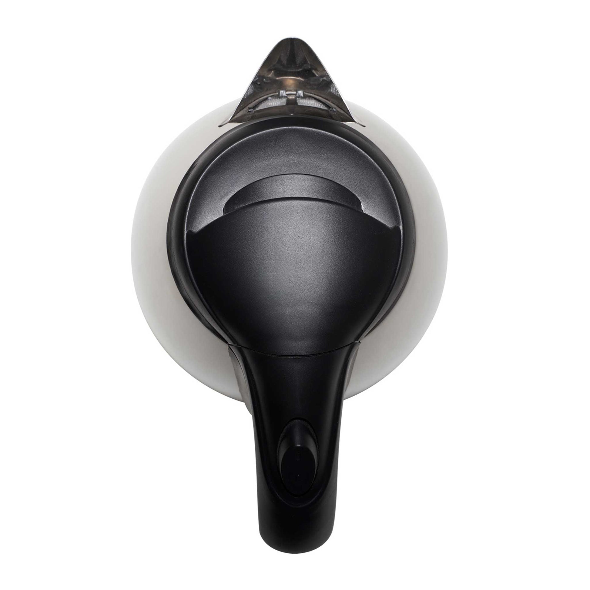 Top-down view of Corby Buckingham chrome hospitality kettle showing black lid, handle, and spout with limescale filter
