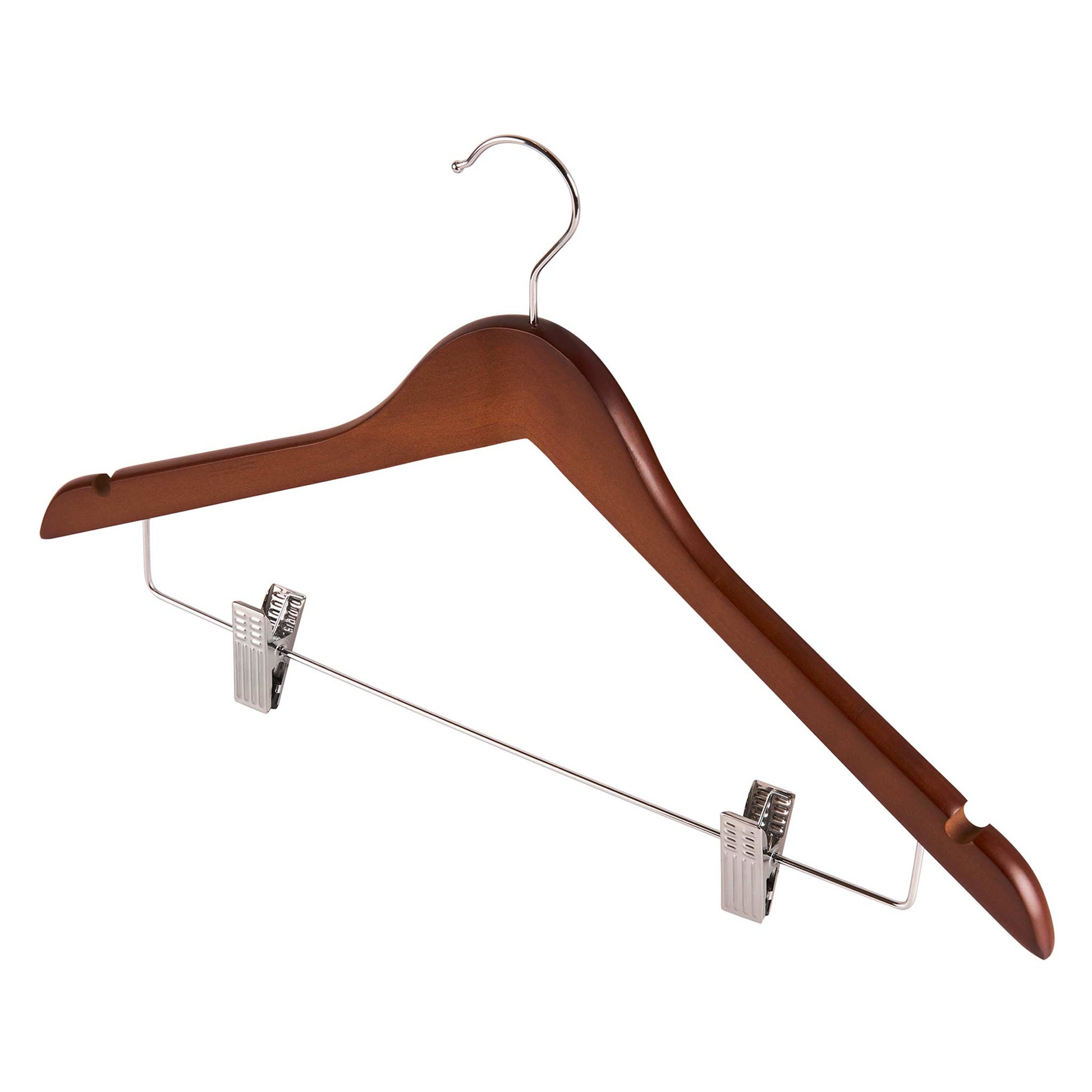 Corby Burlington dark wood guest hanger with chrome hook and trouser clips for hotel wardrobes