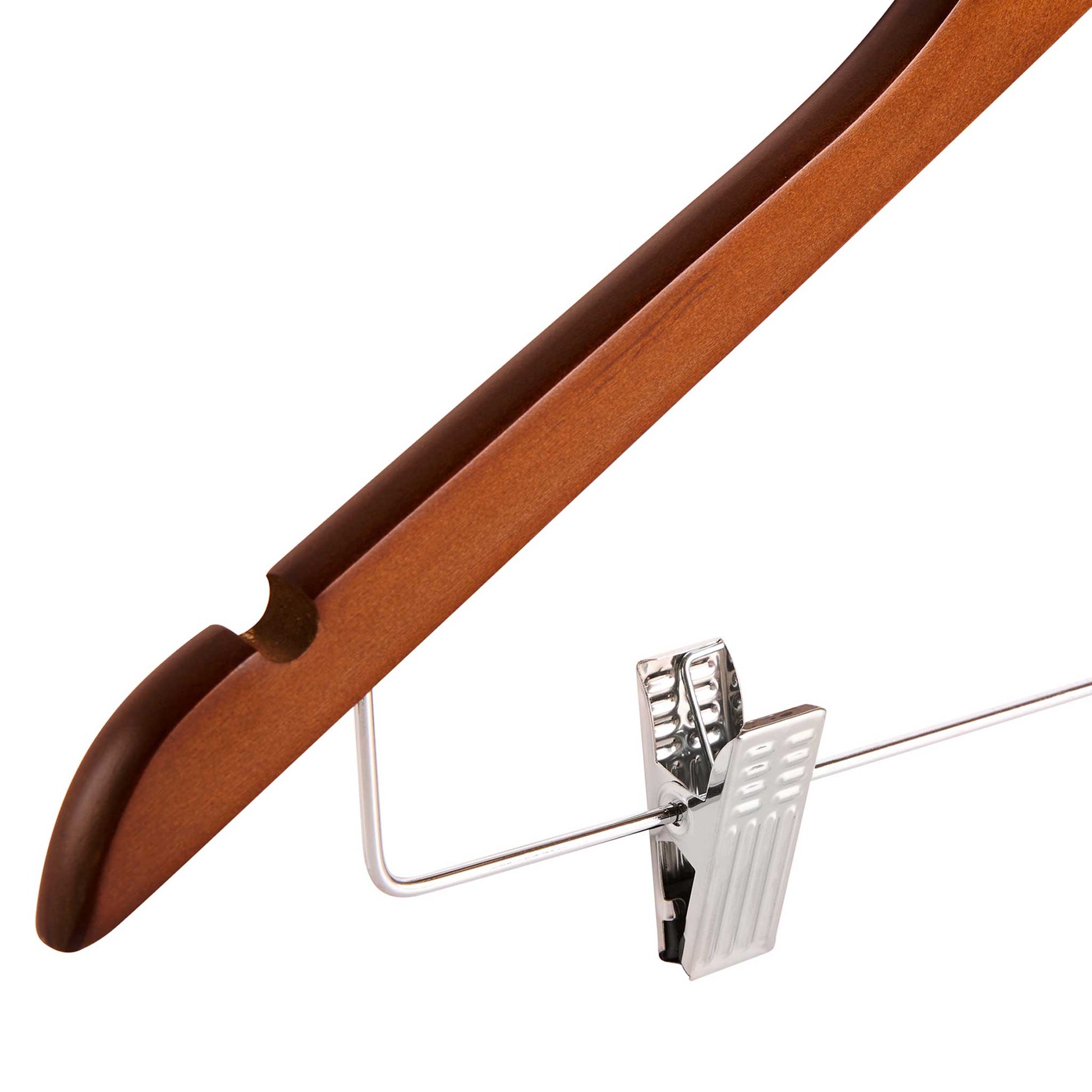 Close-up of Corby Burlington dark wood hotel hanger with chrome garment clip and shoulder notch