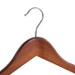 Close-up of Corby Burlington dark wood hotel hanger with chrome hook and smooth curved finish