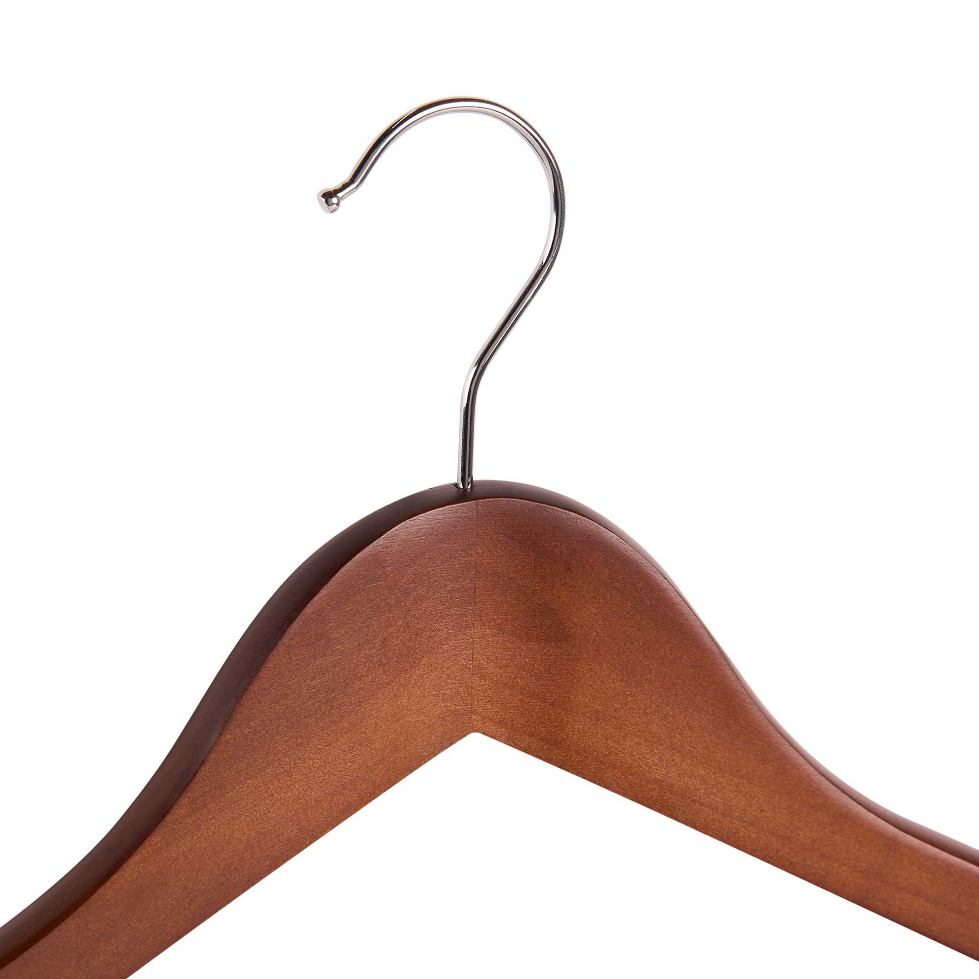 Close-up of Corby Burlington dark wood hotel hanger with chrome hook and smooth curved finish