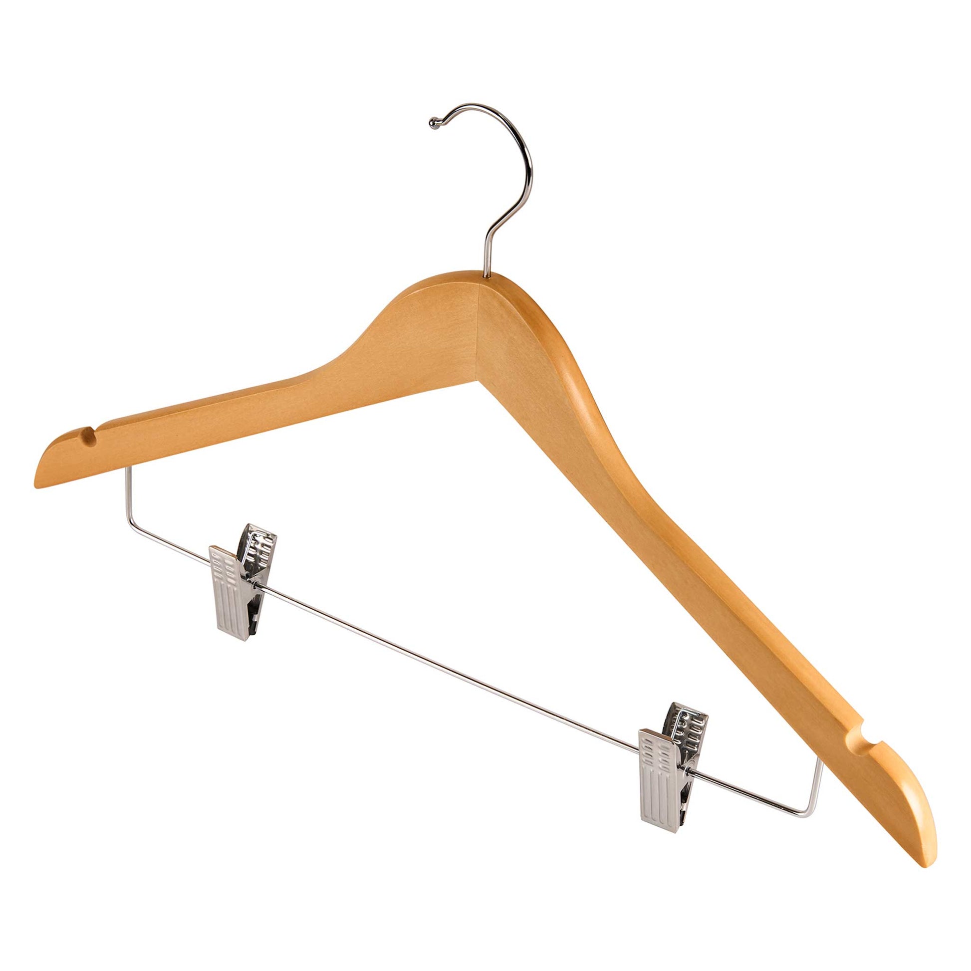 Corby Burlington light wood hotel hanger with chrome hook, trouser bar, garment clips, and shoulder notches