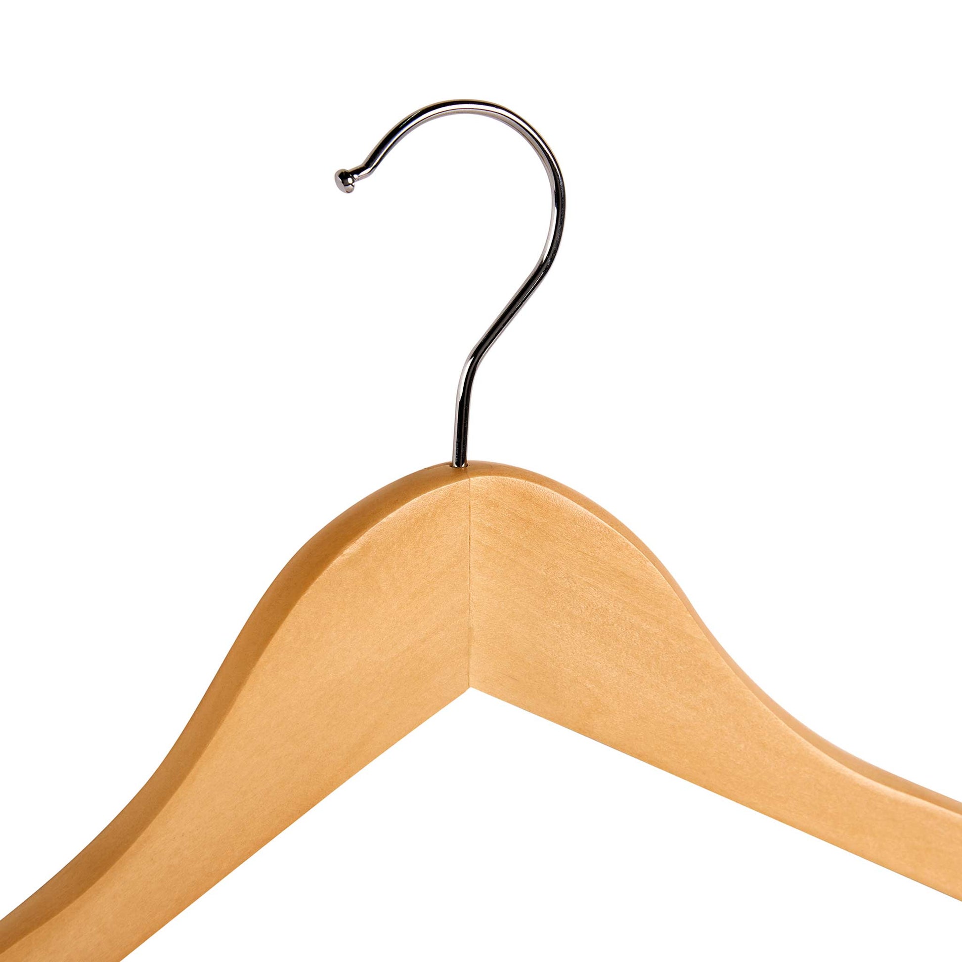 Close-up of Corby Burlington light wood hotel hanger with chrome hook and smooth curved finish