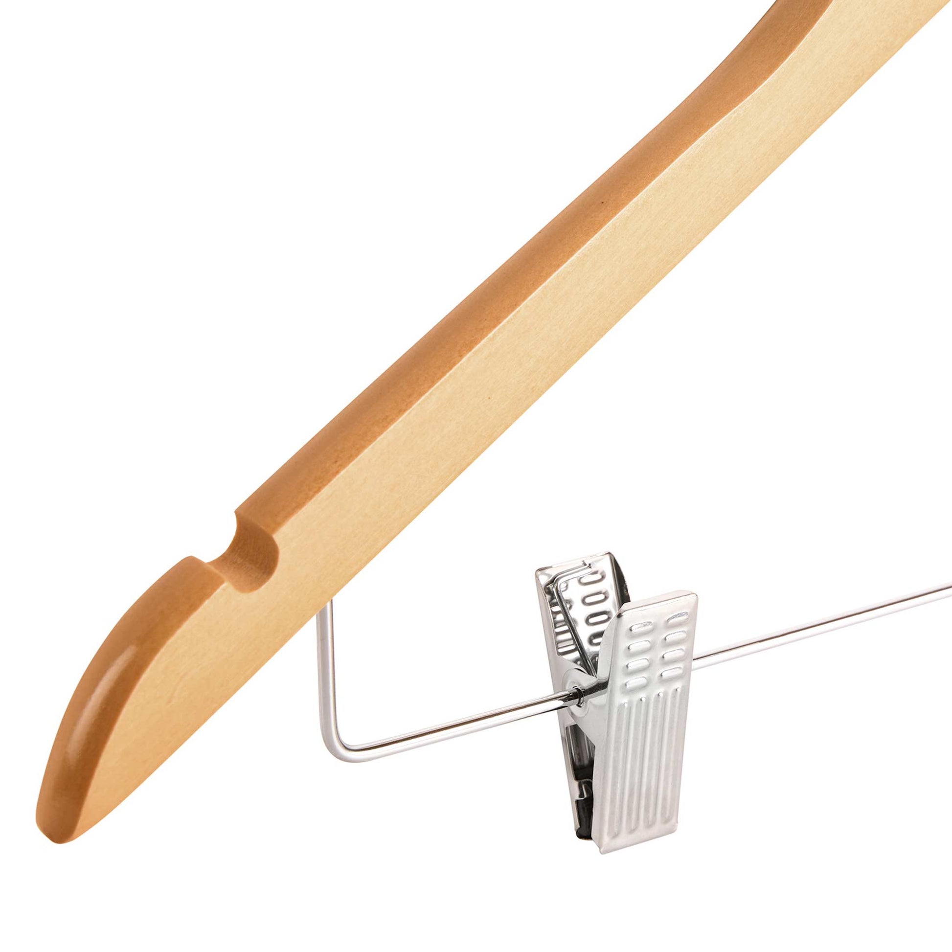 Close-up of Corby Burlington light wood hotel hanger showing chrome garment clip and shoulder notch