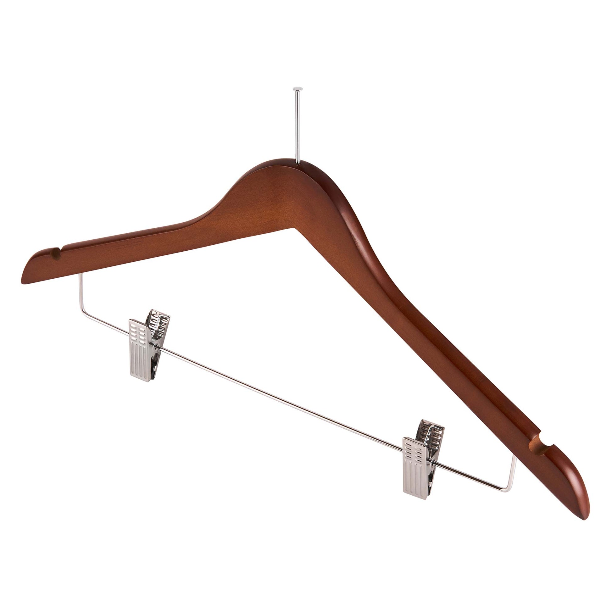Corby Burlington dark wood hotel security hanger with chrome clips, trouser bar, shoulder notches and anti-theft security pin