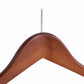 Close-up of Corby Burlington dark wood wishbone hanger with chrome anti-theft security pin for hotel wardrobes