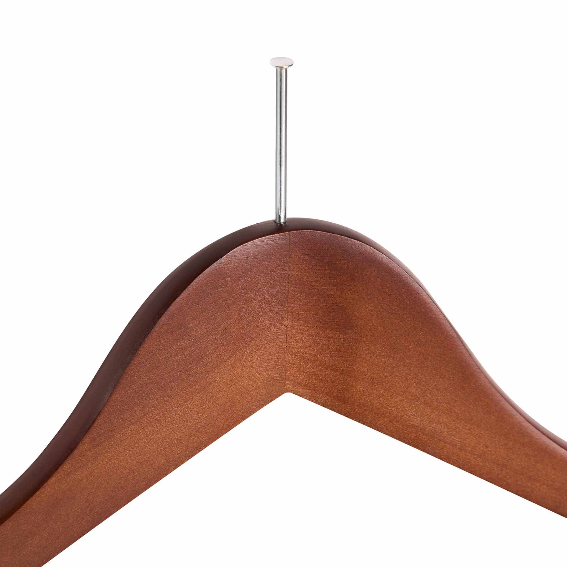 Close-up of Corby Burlington dark wood wishbone hanger with chrome anti-theft security pin for hotel wardrobes