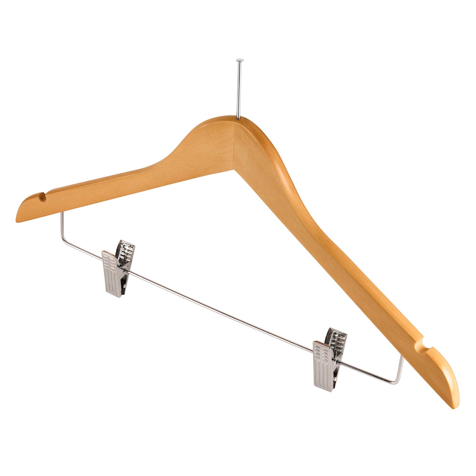 Corby Burlington light wood hotel skirt hanger with chrome clips, shoulder notches, trouser bar and integrated security pin