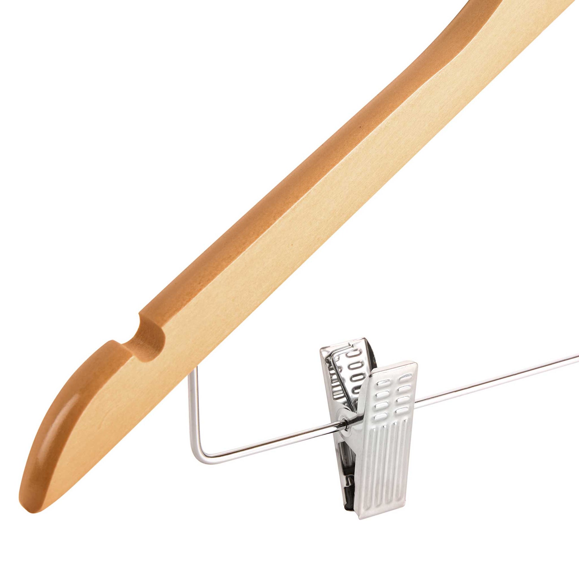 Close-up of Corby Burlington light wood hotel security hanger featuring chrome garment clip and integrated shoulder notch