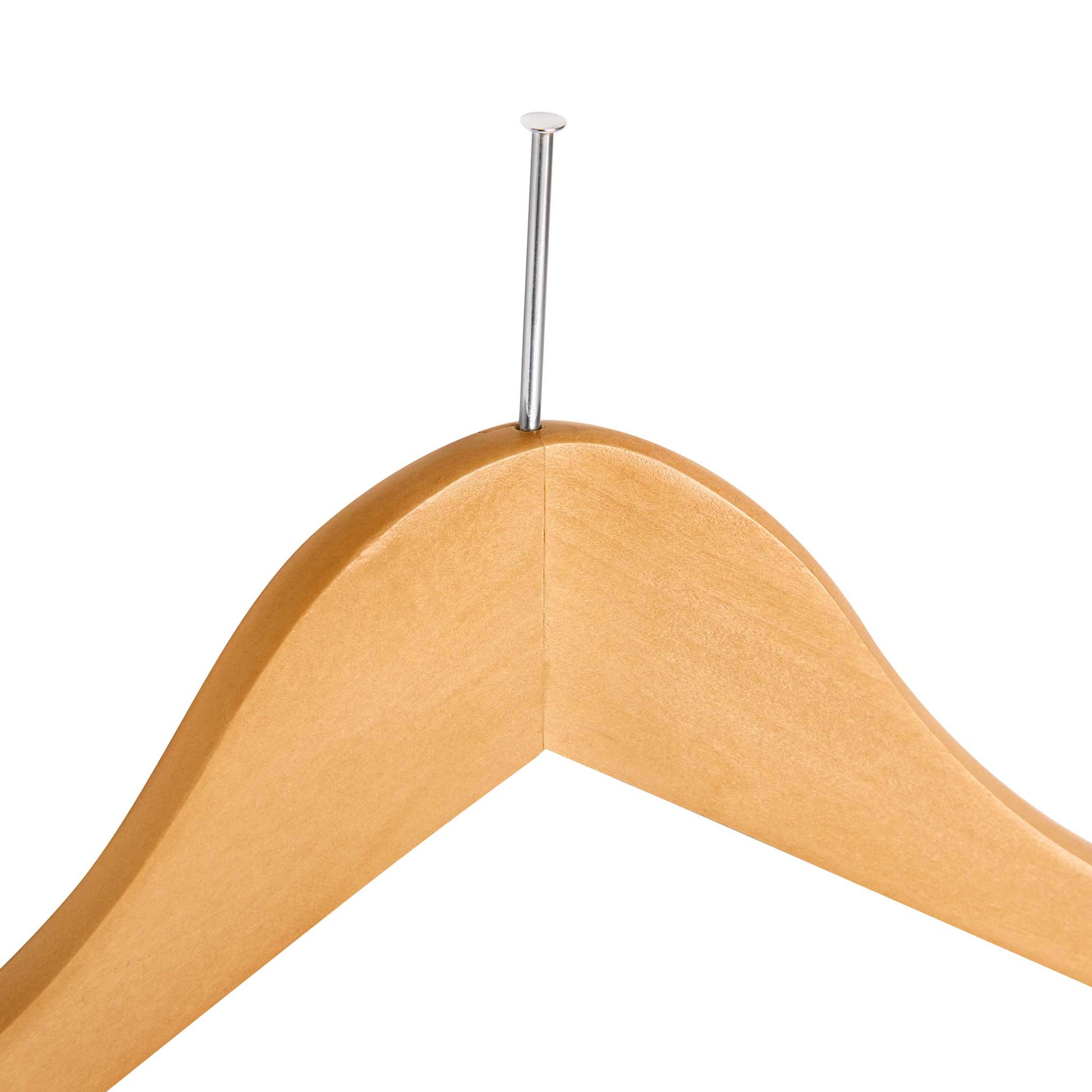 Close-up of Corby Burlington light wood security hanger with fixed chrome anti-theft pin for hotel wardrobes