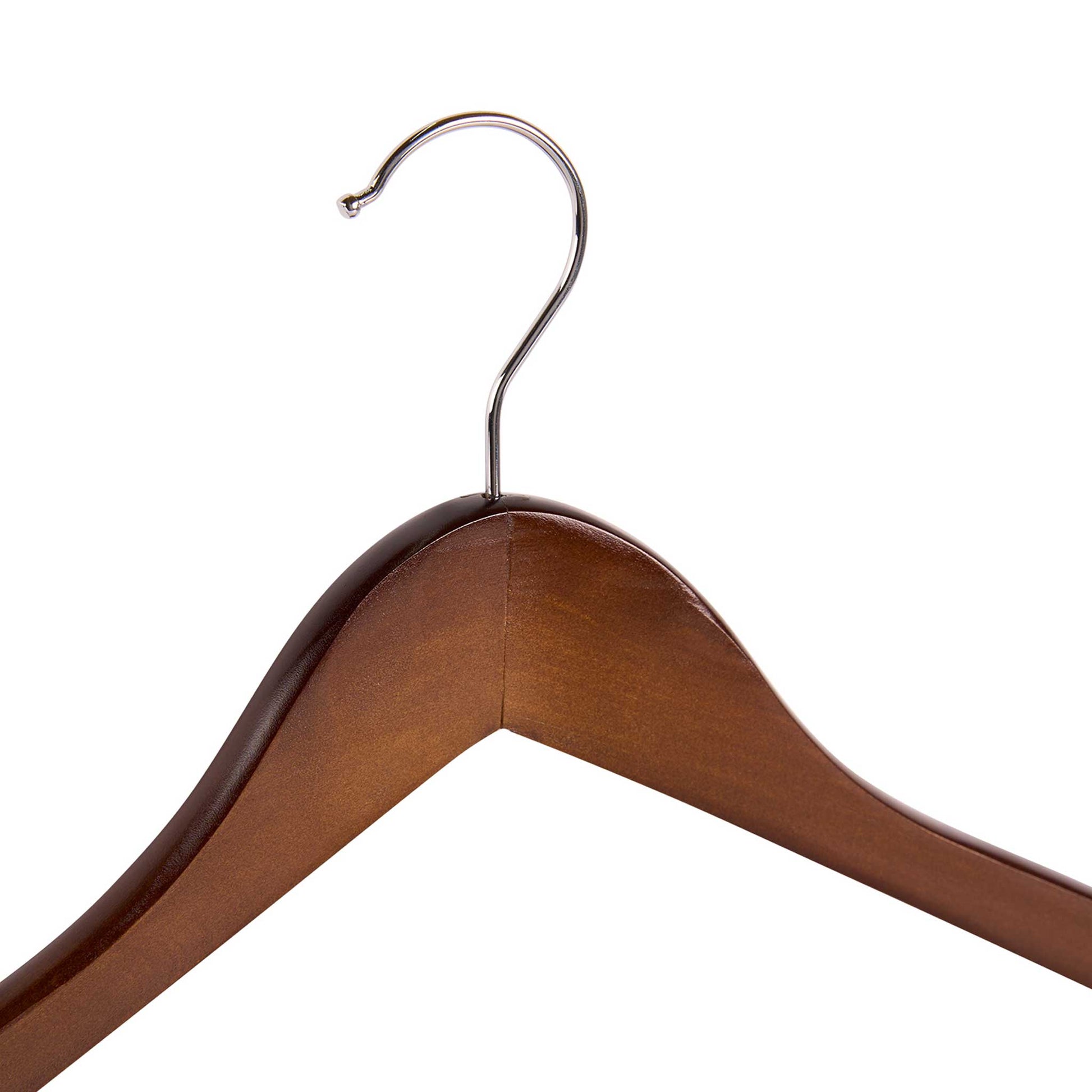 Close-up of Corby Chelsea dark wood guest hanger with polished chrome hook