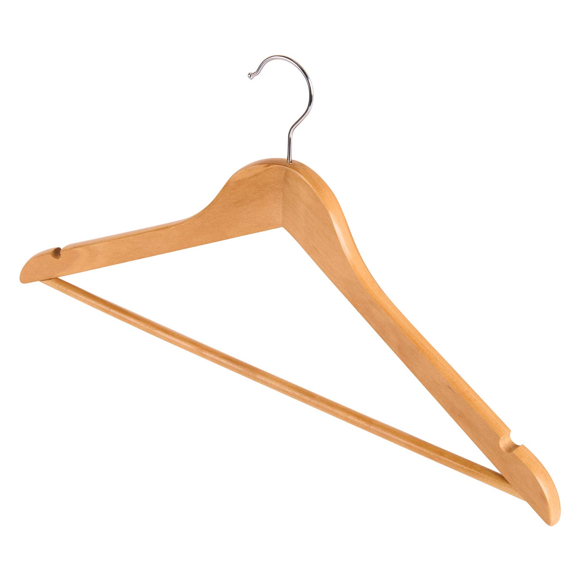 Corby Chelsea light wood hotel hanger with chrome hook, trouser bar, and shoulder notches