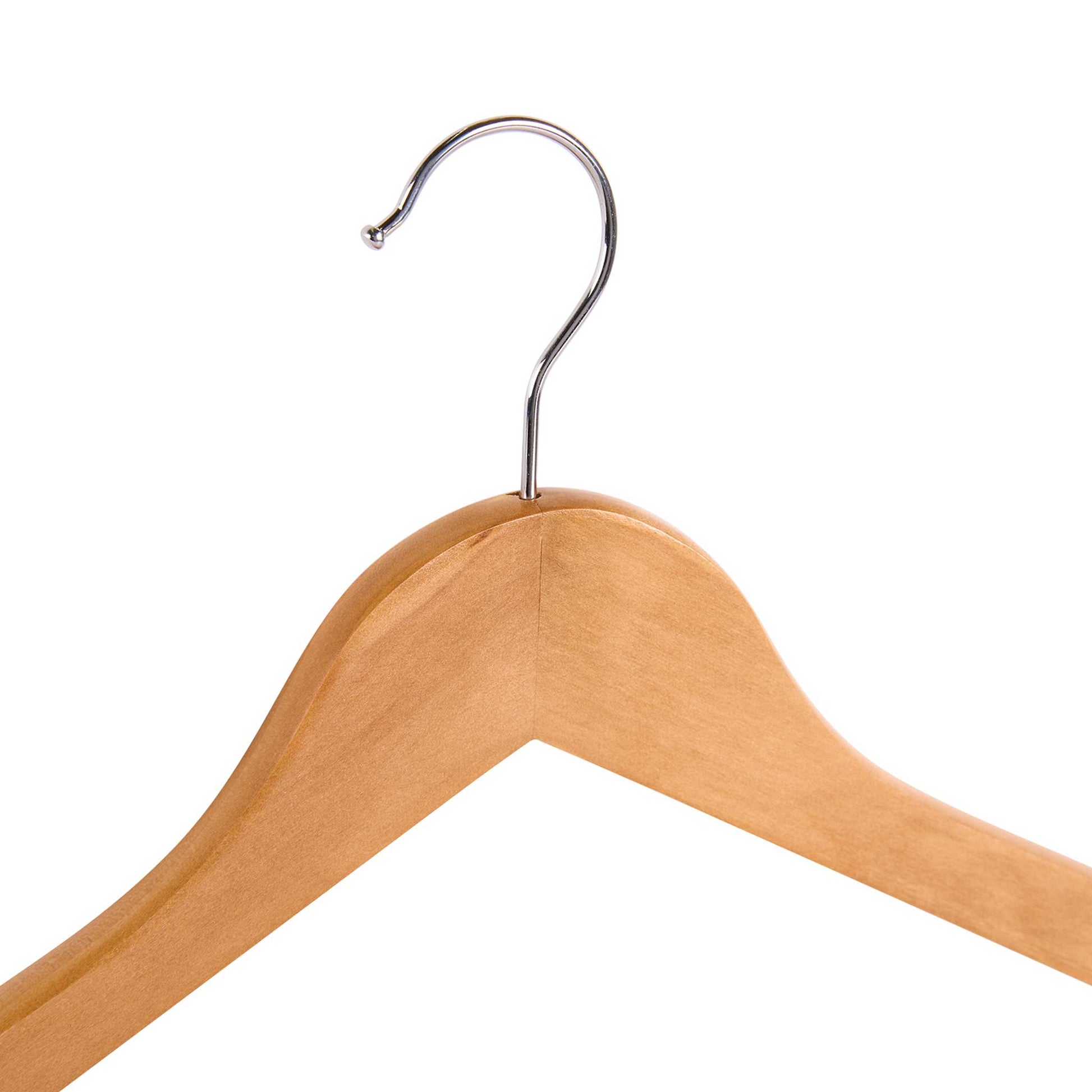 Close-up of Corby Chelsea light wood hotel hanger with chrome steel hook and smooth wishbone shape