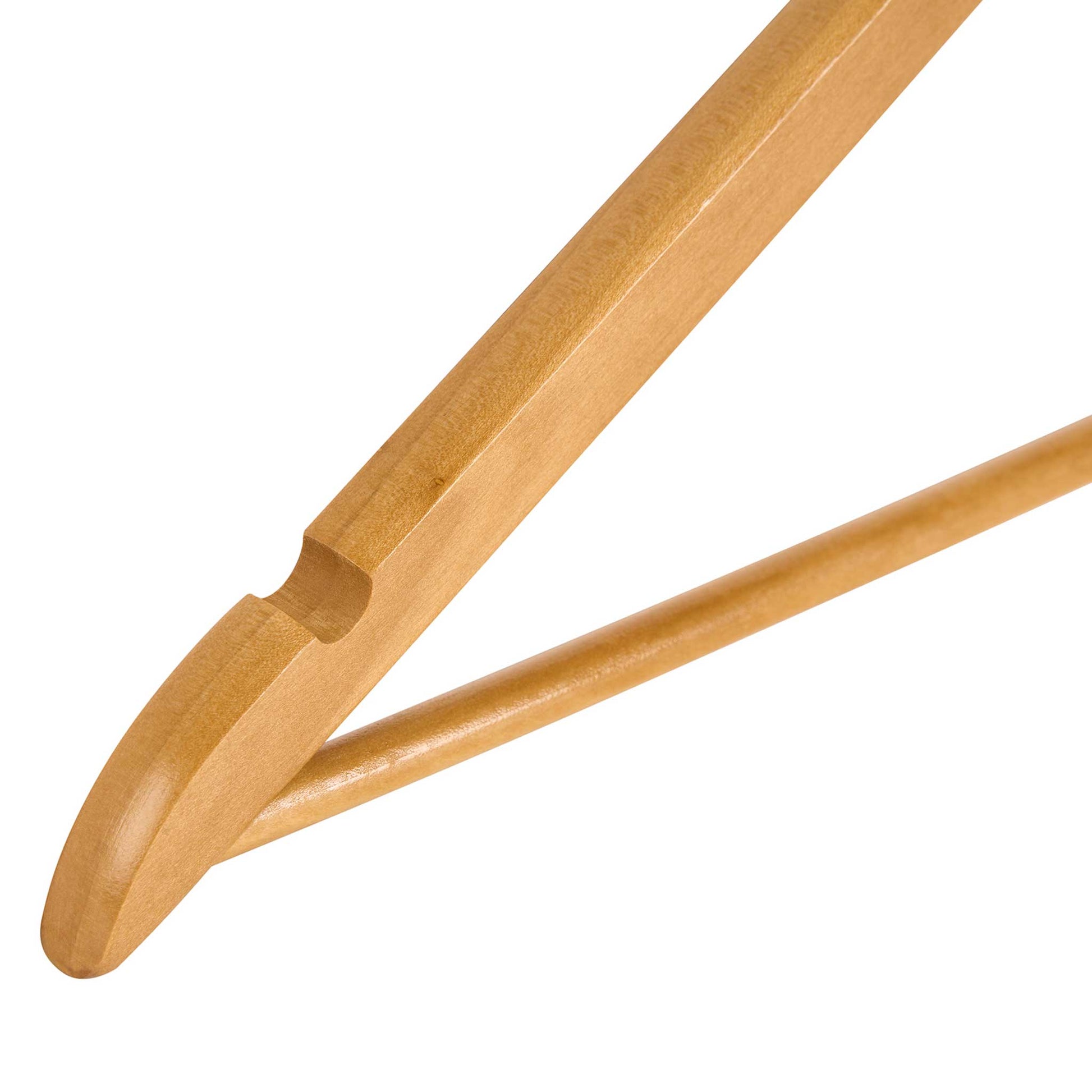 Close-up of Corby Chelsea light solid wood hotel hanger showing shoulder notch and trouser bar