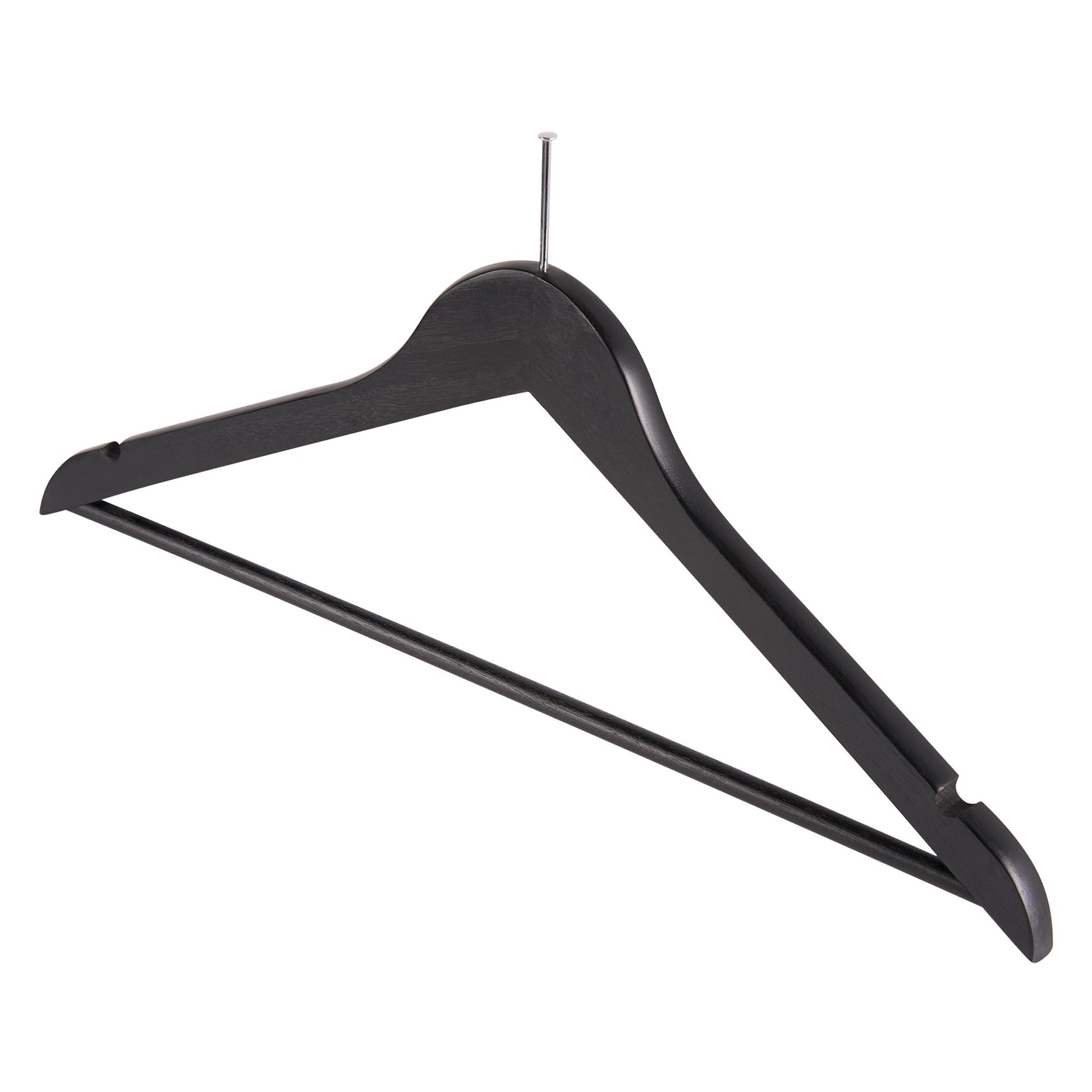 Matte black wooden Corby Chelsea security coat hanger with chrome anti-theft pin, trouser bar and garment hooks