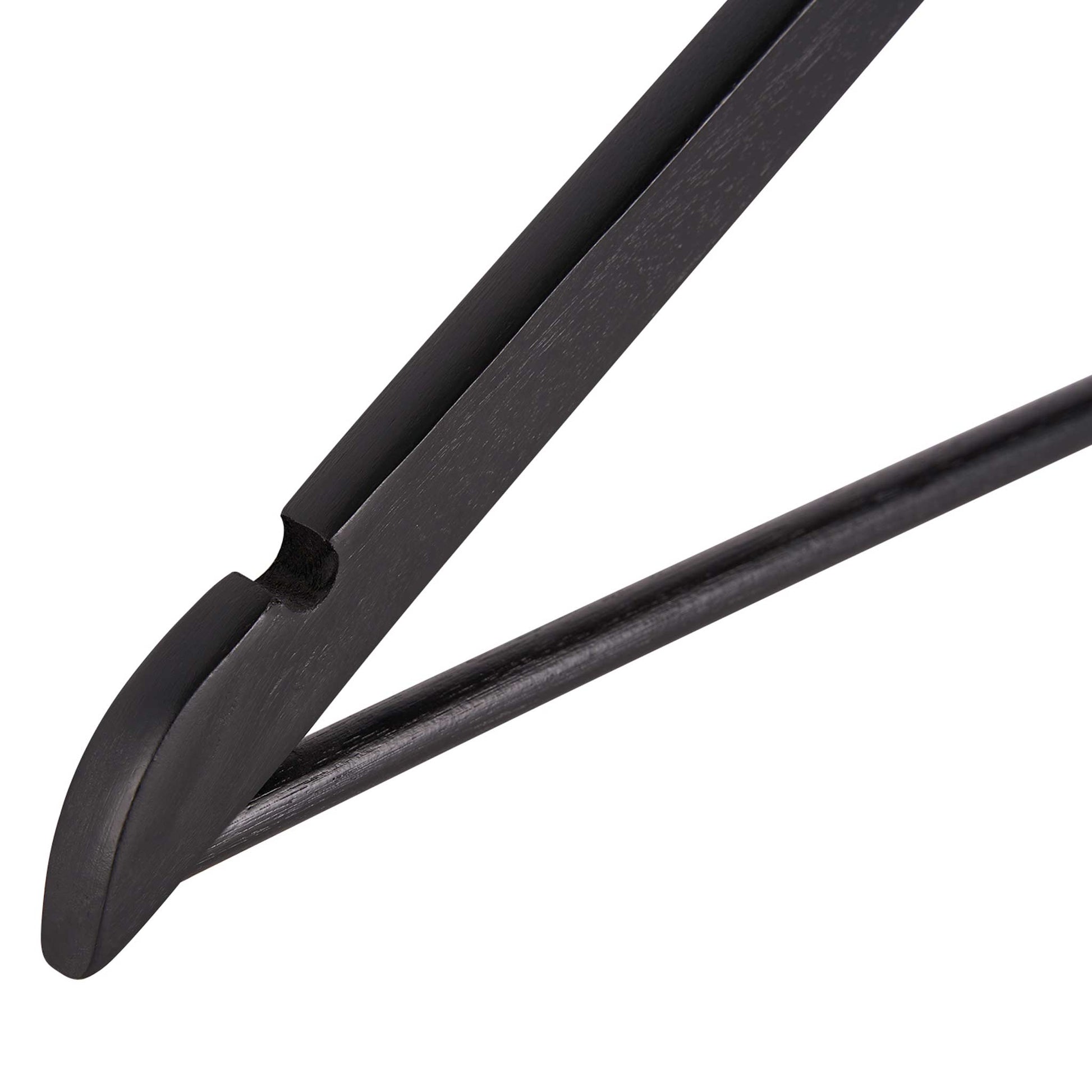 Close-up of matte black Corby Chelsea security hanger showing integrated garment hook and wooden trouser bar