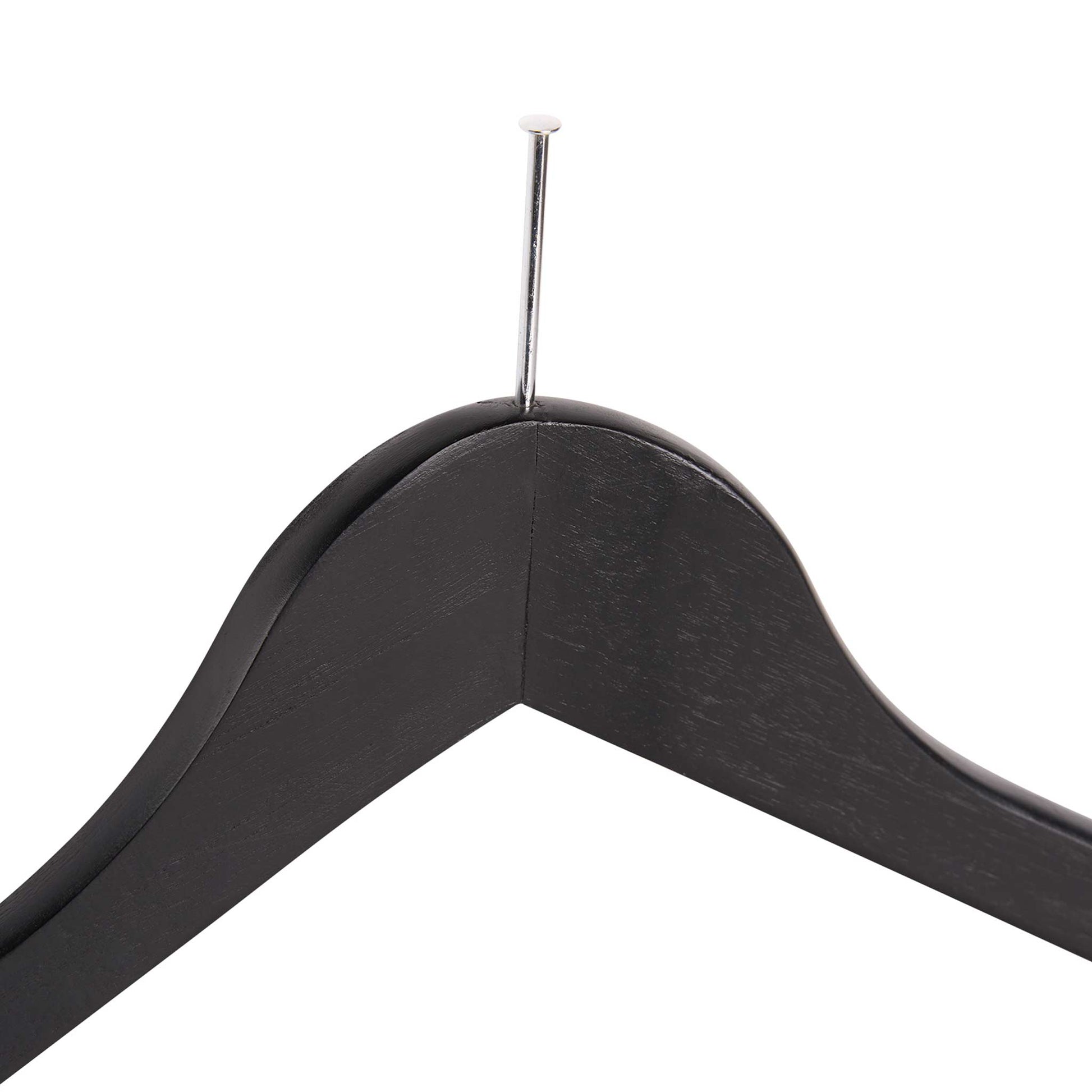 Close-up of matte black Corby Chelsea security hanger with chrome steel security pin for anti-theft hotel wardrobes