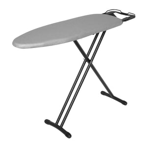 Corby Classic ironing board with light grey cover, integrated iron rest, and black non-slip frame for hotel guest rooms