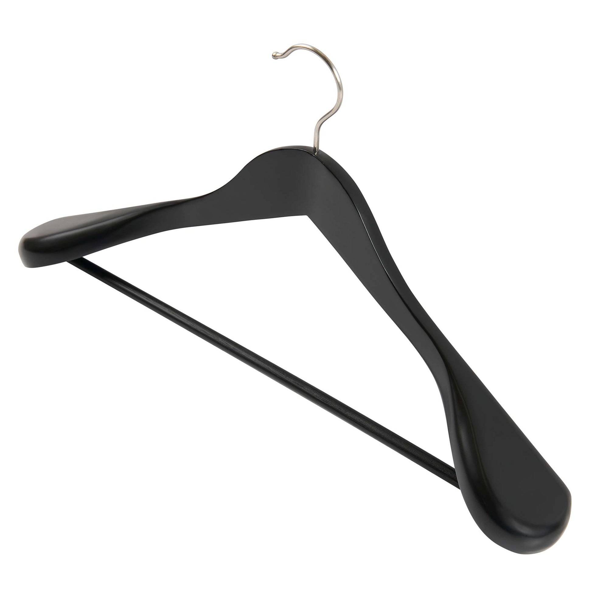 Corby Clifford black wooden hotel suit hanger with chrome hook and integrated trouser bar