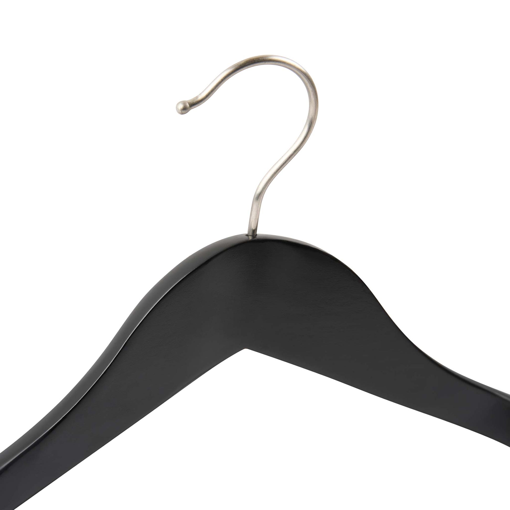 Close-up of Corby Clifford black wooden hotel hanger with durable chrome swivel hook