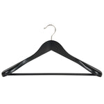 Front view of Corby Clifford black wooden suit hanger with chrome hook and fixed trouser bar for hotel wardrobes