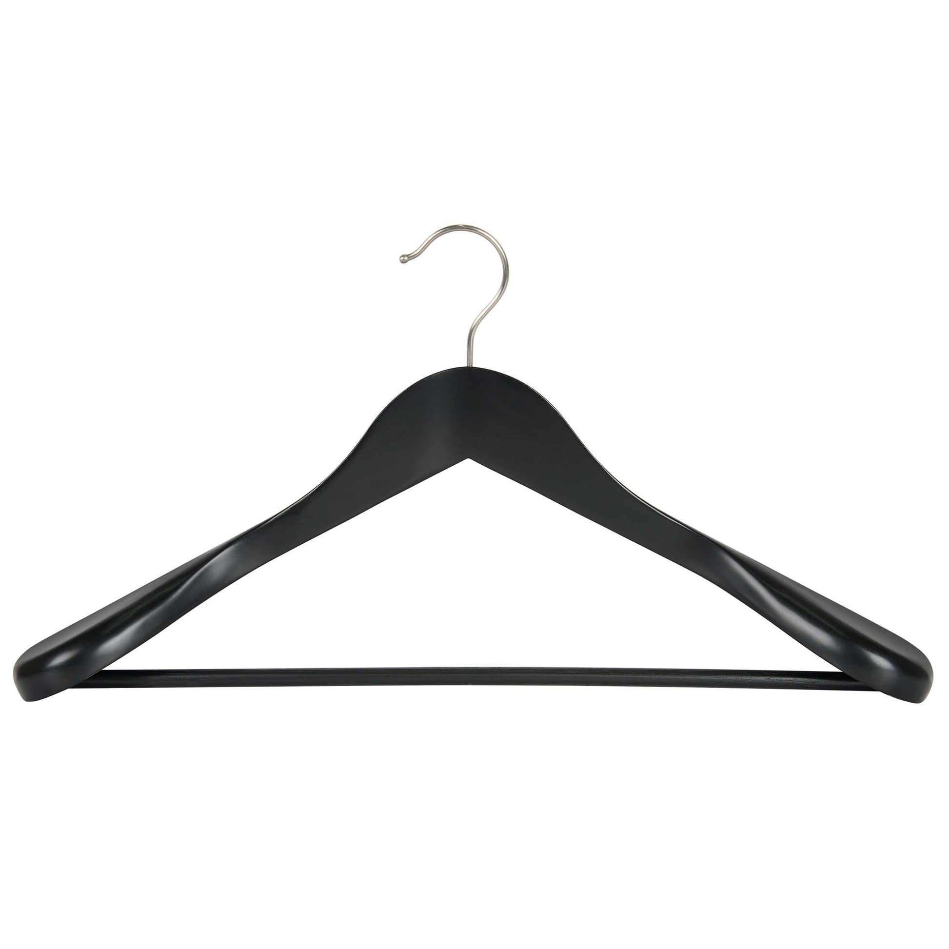 Front view of Corby Clifford black wooden suit hanger with chrome hook and fixed trouser bar for hotel wardrobes