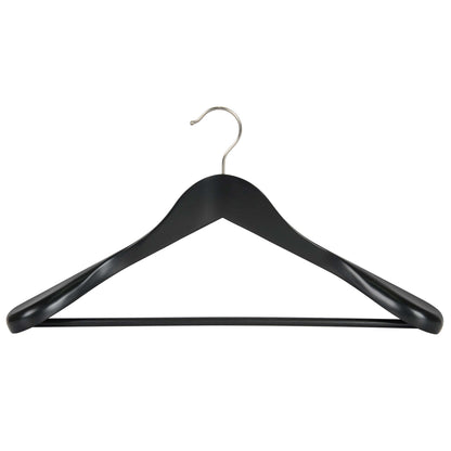 Front view of Corby Clifford black wooden suit hanger with chrome hook and fixed trouser bar for hotel wardrobes