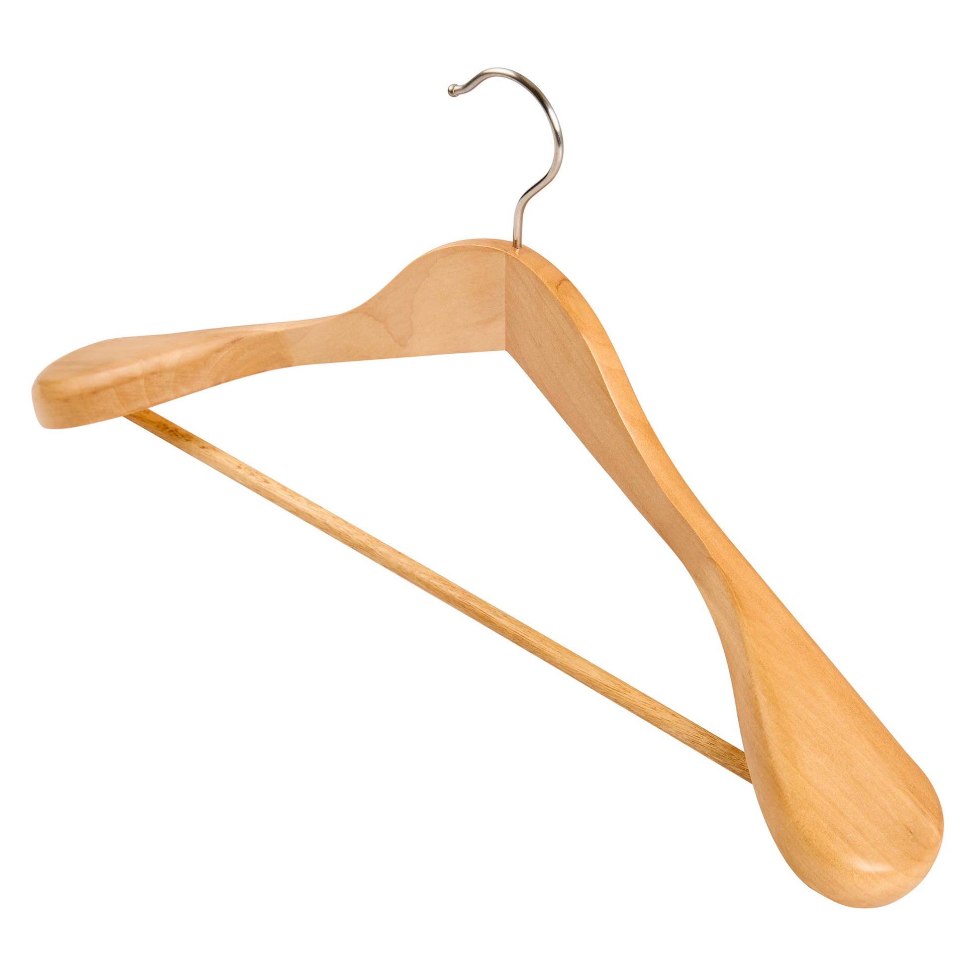 Angled view of Corby Clifford light wood hotel suit hanger with chrome hook and integrated trouser bar
