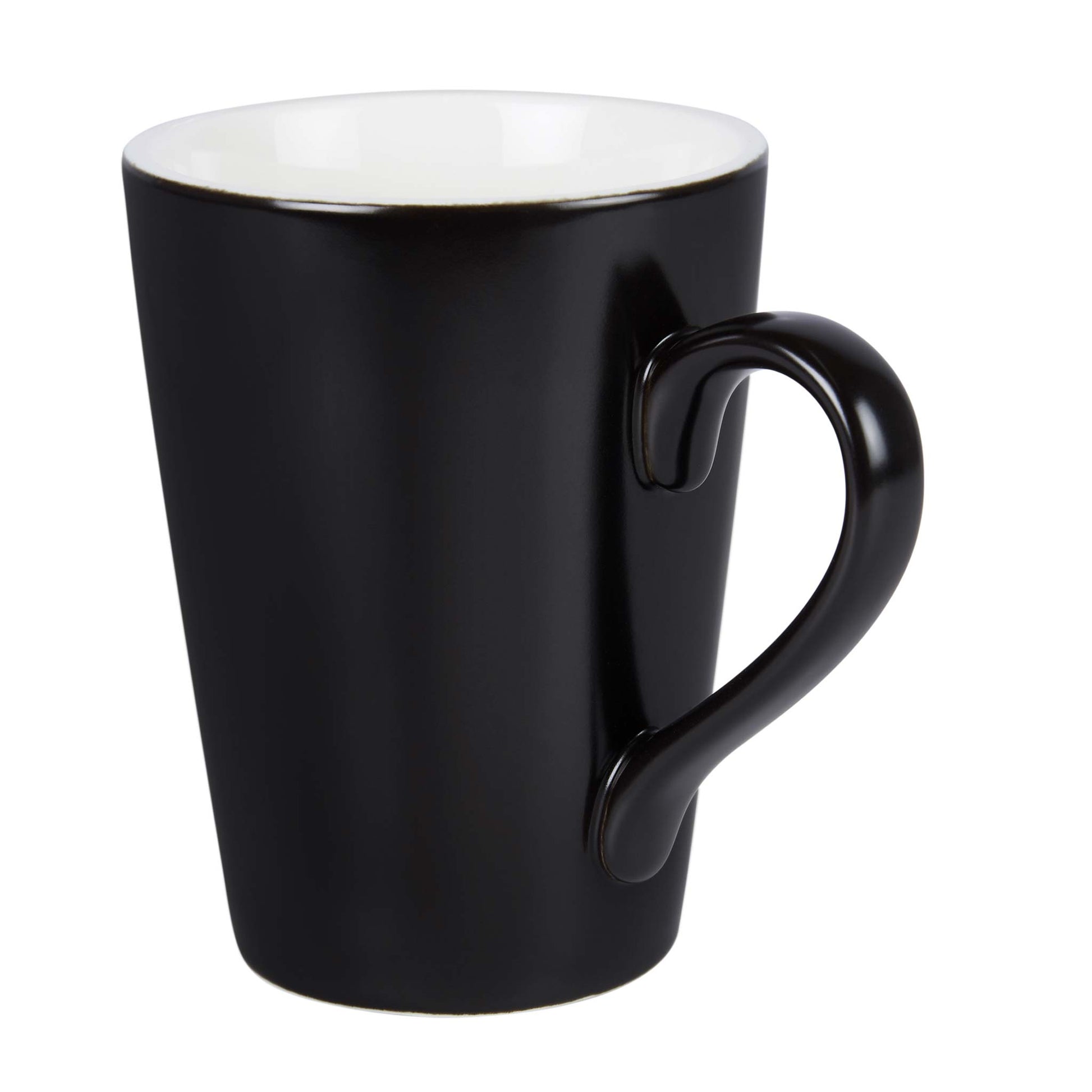 Angled view of Corby Fenton black ceramic mug with ergonomic handle and white interior, perfect for hotel tea and coffee trays