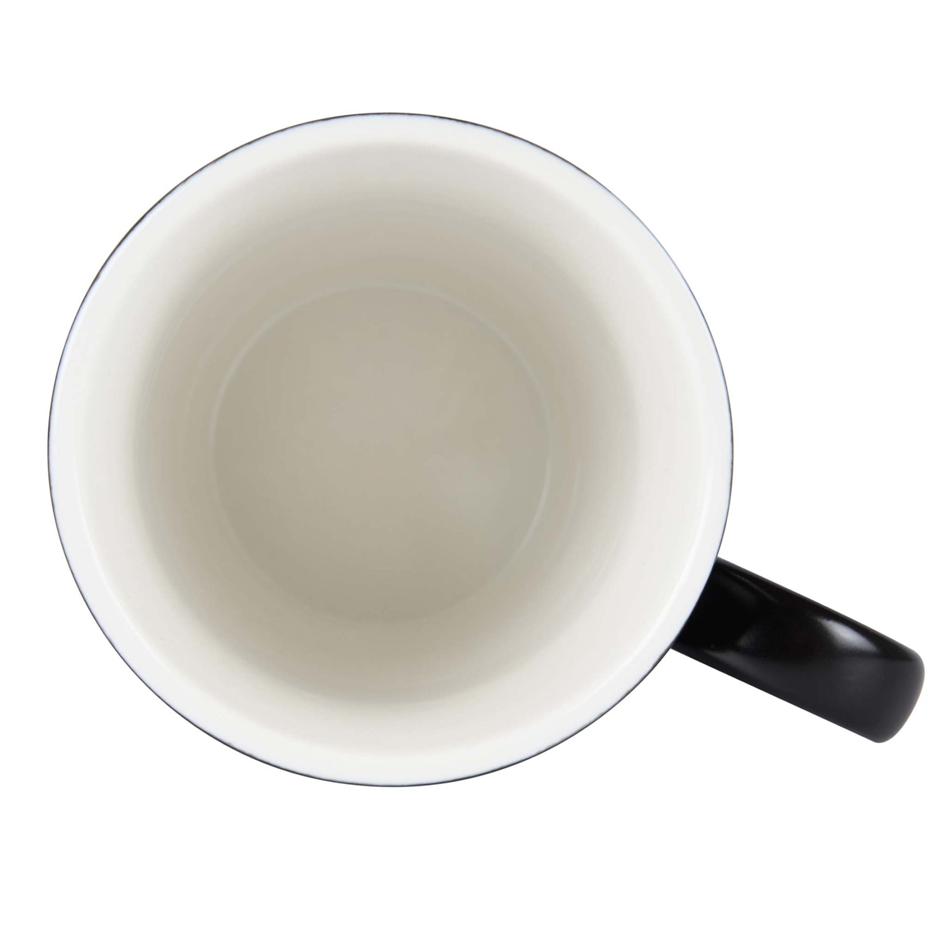 Top view of Corby Fenton black ceramic mug with smooth white interior, ideal for hotel tea and coffee service