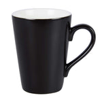 Corby Fenton black ceramic mug with curved handle and white inner glaze, ideal for hotel room tea and coffee service