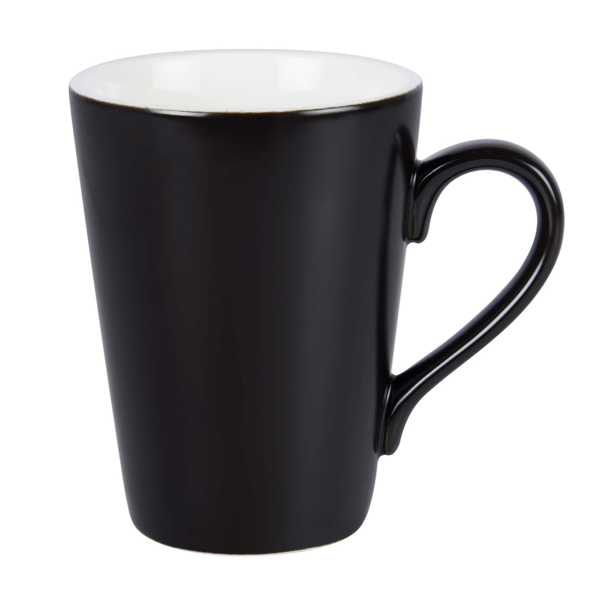 Corby Fenton black ceramic mug with curved handle and white inner glaze, ideal for hotel room tea and coffee service