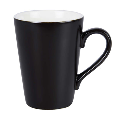 Corby Fenton black ceramic mug with curved handle and white inner glaze, ideal for hotel room tea and coffee service