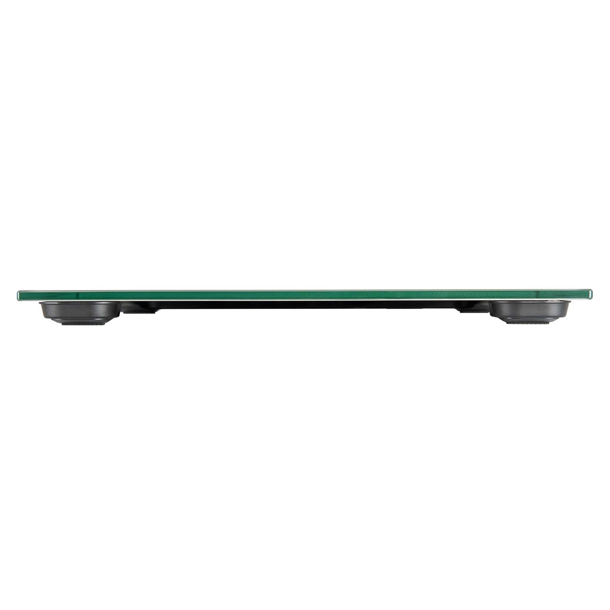 Side view of Corby Helmsley digital bathroom scales showing ultra-slim tempered glass design and anti-slip feet